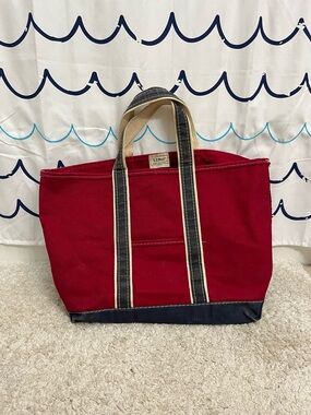 L.L. Bean Red Canvas Tote with Cream Handles and Navy Trim